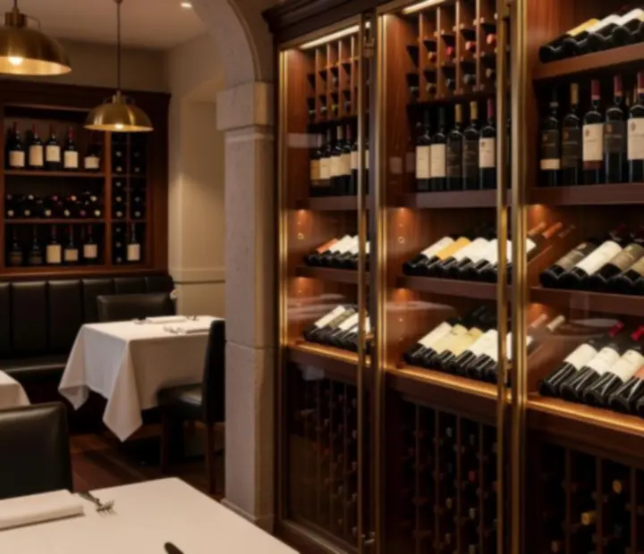 Vista da adega climatizada com vinhos premium alinhados em prateleiras elegantes.