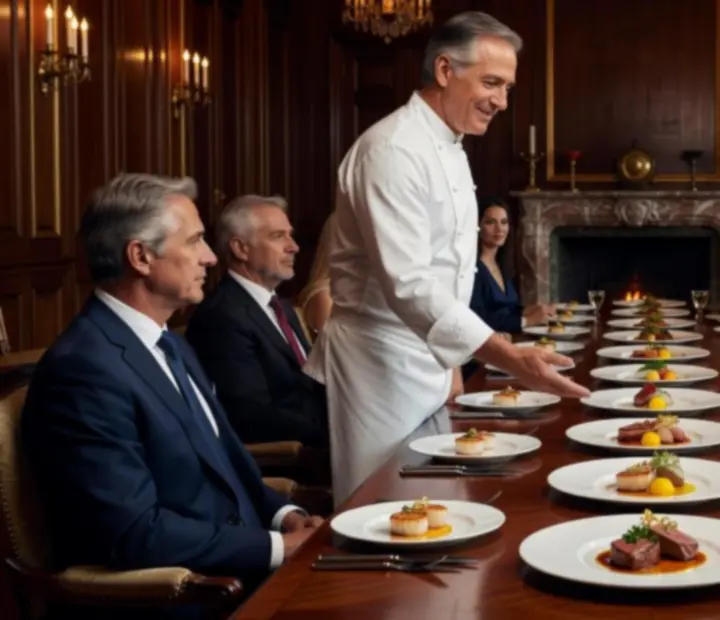 Chef em frente a uma mesa elegante, a apresentar um prato refinado durante um evento.