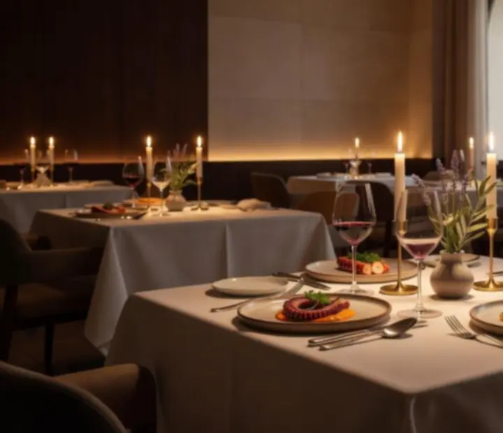 Mesa de degustação elegante iluminada por velas no restaurante Mesae Baralho