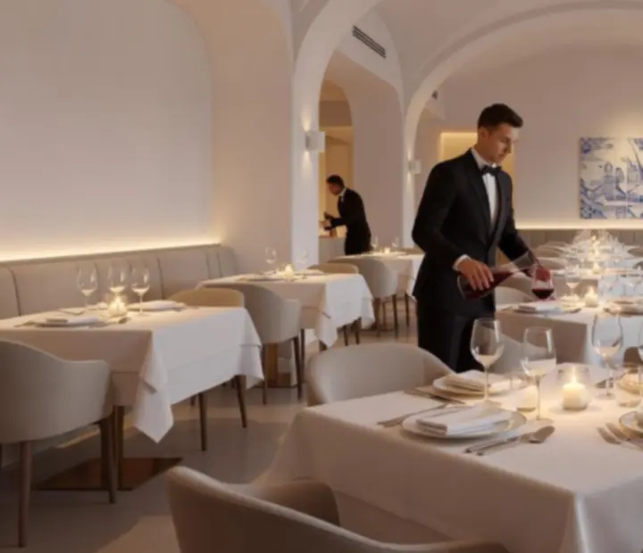 Interior elegante do restaurante Mesae Baralho, preparado para um jantar sofisticado.