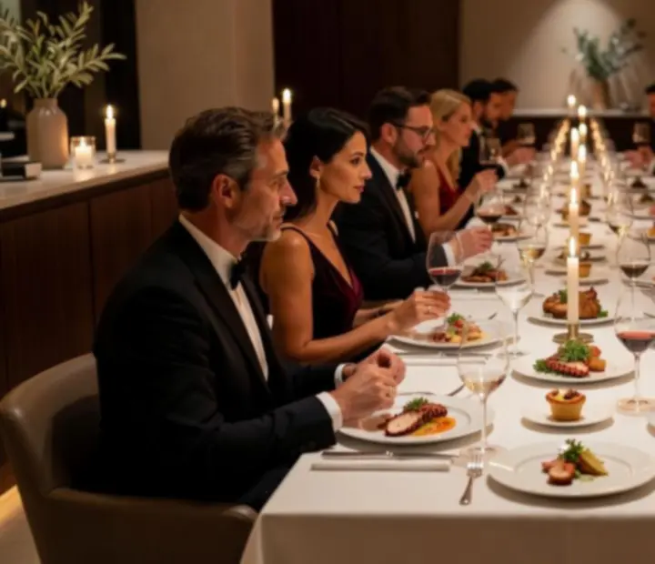 Mesa de jantar privada com decoração elegante, velas e serviço de fine dining.
