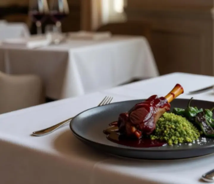 Convidados a desfrutar de pratos gastronómicos enquanto jogam poker numa mesa elegante.