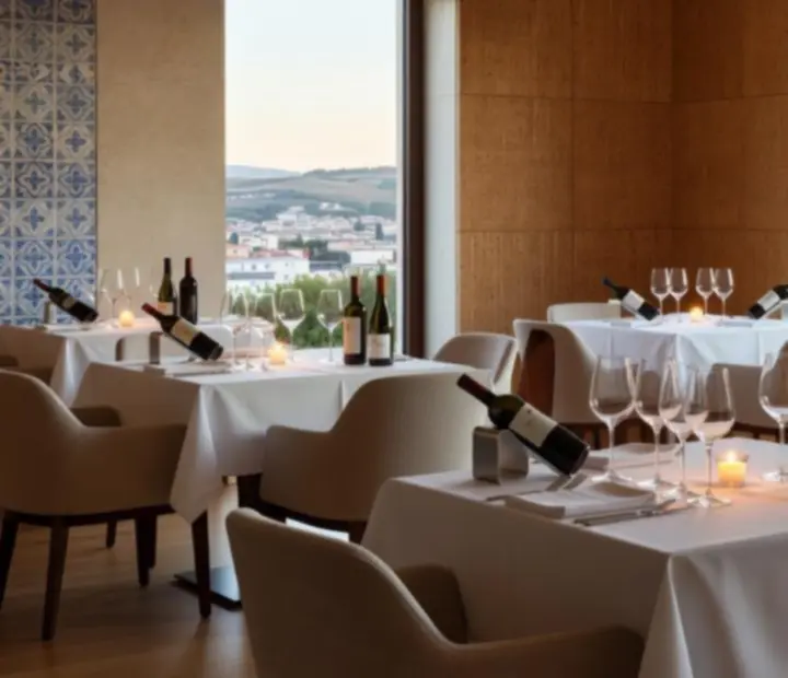 Interior elegante do restaurante preparado para uma noite de degustação de vinhos, com mesas bem postas e luz suave.
