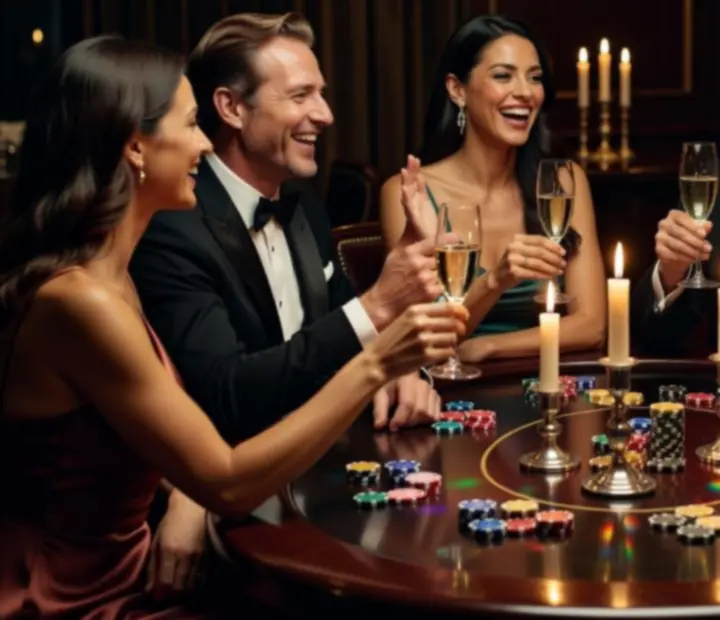 Convidados bem vestidos a brindar e jogar poker num ambiente elegante e acolhedor.