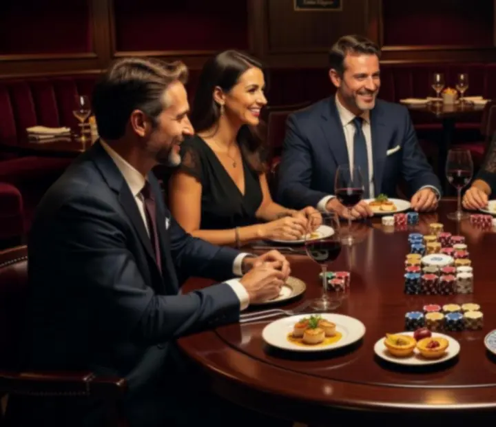 Mesa de poker offline com fichas simbólicas em ambiente elegante no restaurante Mesae Baralho.