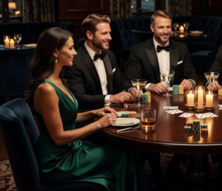 Elegant poker table with well-dressed guests in an intimate setting.