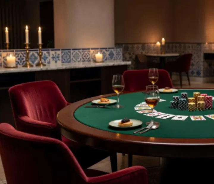 Mesa de poker elegante num restaurante refinado, com iluminação suave e copos de vinho.