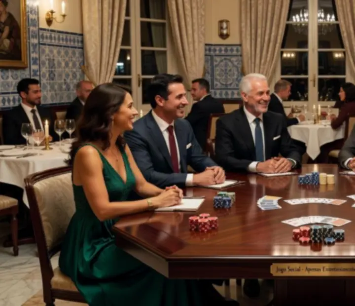 Mesa de poker elegante com cartas e fichas simbólicas, preparada para noite de entretenimento social.