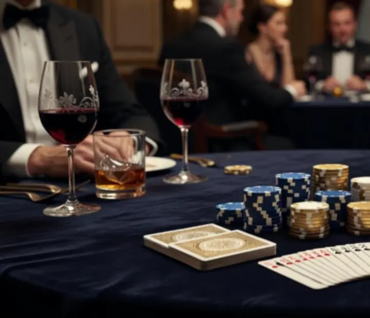Mesa de poker offline sofisticada com fichas simbólicas em ambiente elegante.