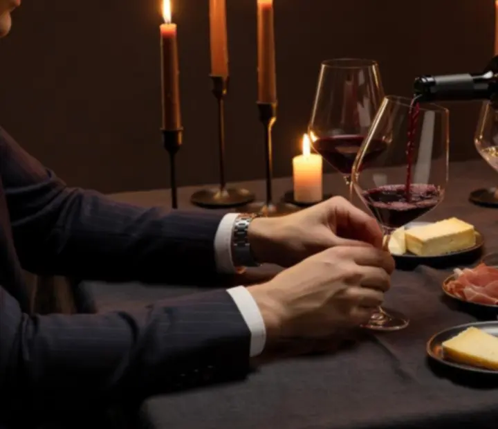 Mãos a servir vinho em taças durante uma prova guiada à mesa num ambiente intimista.