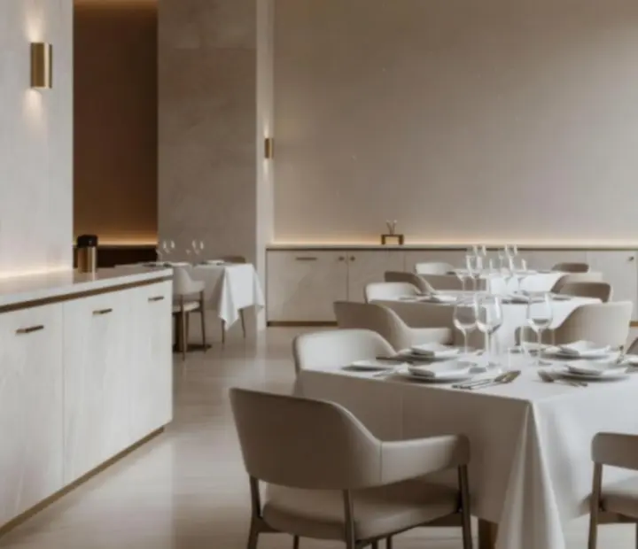 Interior elegante do restaurante Mesae Baralho com iluminação suave e mesas bem postas.