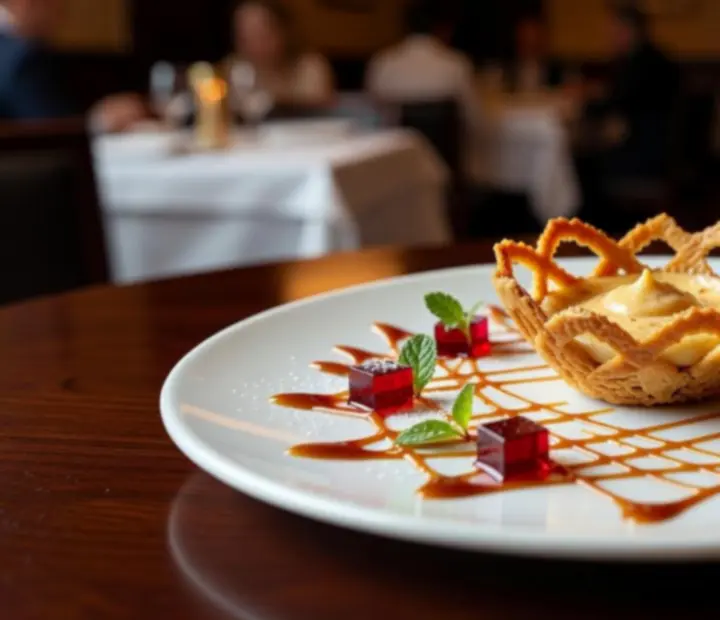 Sobremesa elegante e artística servida no final do menu de degustação