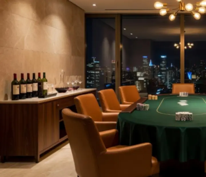 Sala de poker sofisticada com decoração contemporânea, iluminação quente e mesas preparadas.