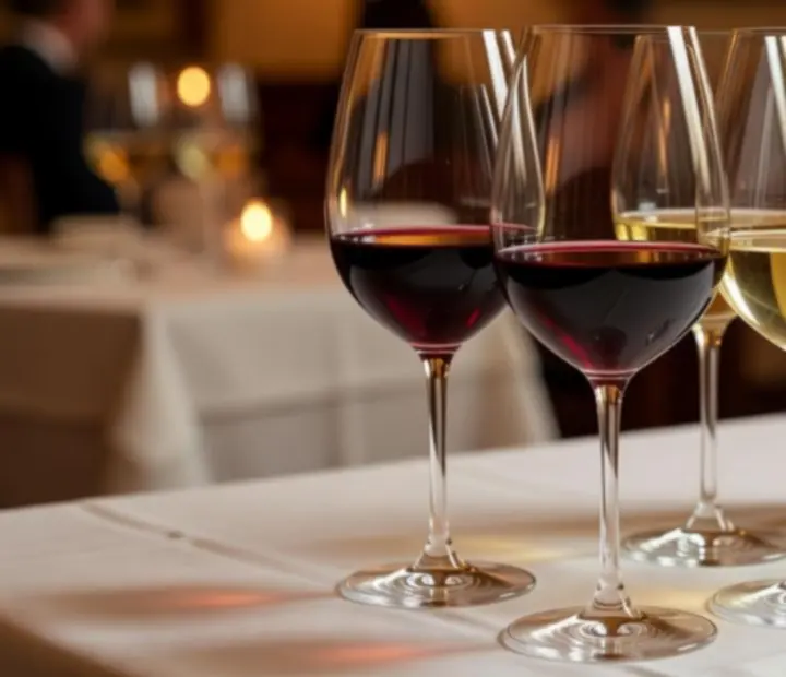 Conjunto de taças de vinho iluminadas por luz suave num ambiente de restaurante sofisticado.